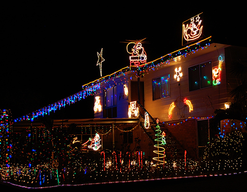 example of Christmas lights photographed at night time